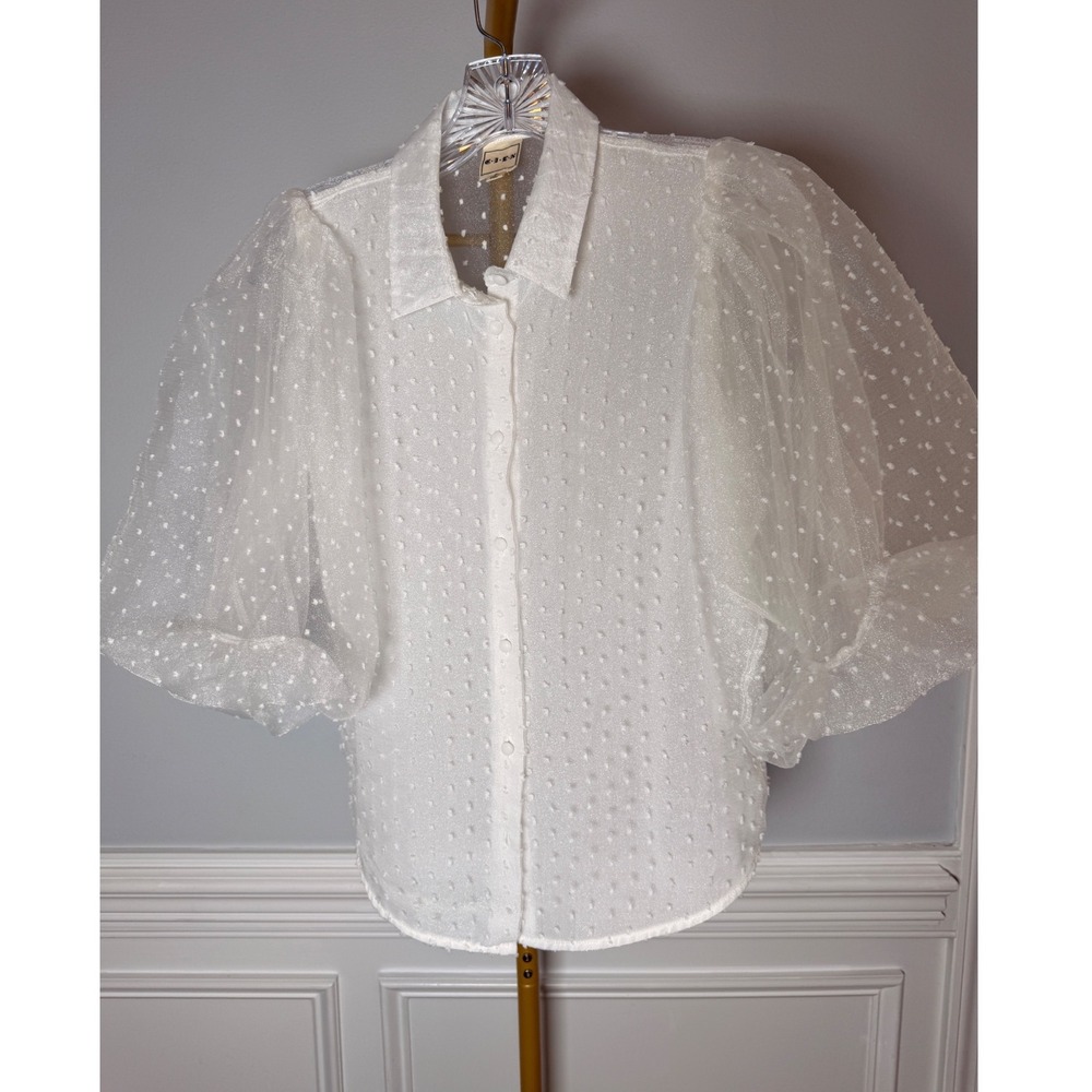 C.I.E.N. Swiss Dot Puff Sleeve Blouse Womens Small White Polyester Romantic